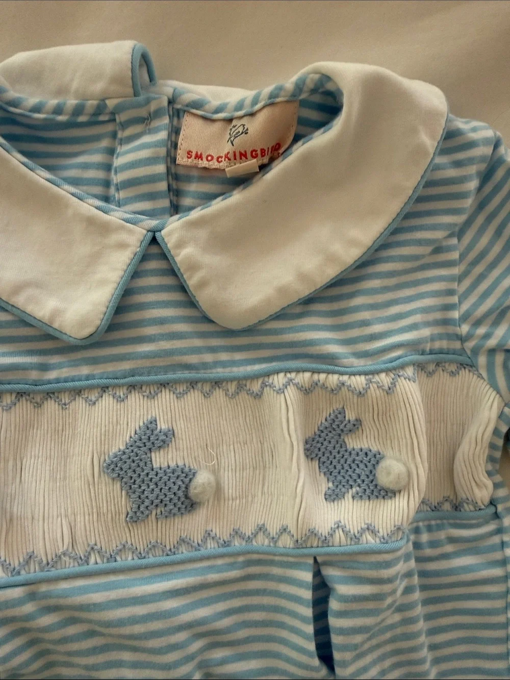 Smockingbird boys’ smocked bunnies striped blue onesie size 2